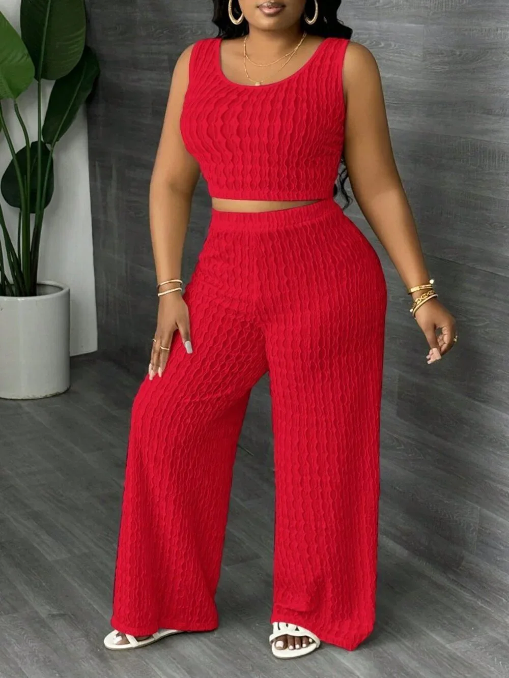 Red Casual Women's Plus Size Tank Top And Pants Set